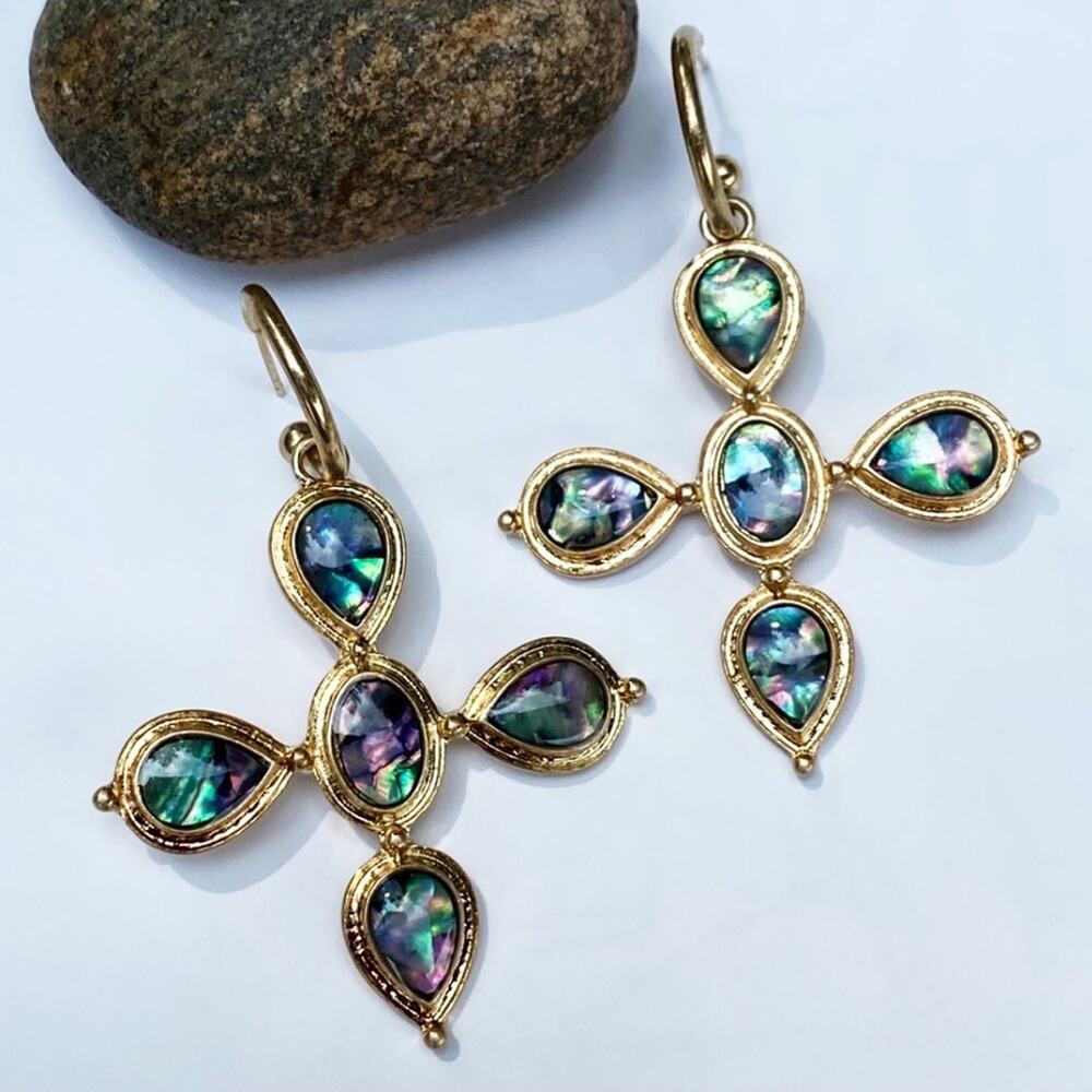 NEW Gold & Abalone Cross Dangle Drop Earrings